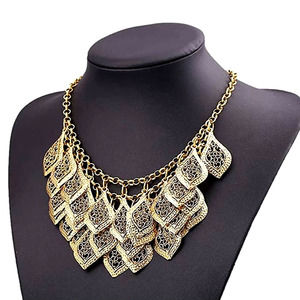 Gold Plated Leaves Multi Chain Collar Bib Chunky Necklace Vintage Multilayer